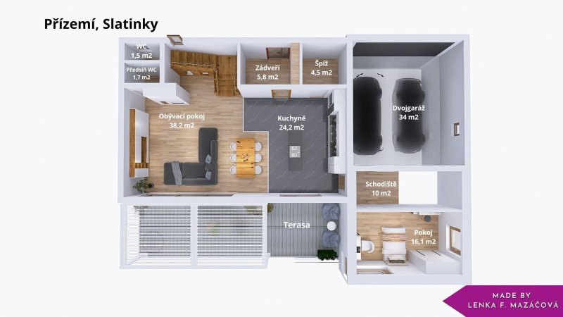 Prodej, rodinný dům s krásnou zahradou, bazénem, terasa, dvojgaráž, pozemek 1071 m2 v obci Slatinky