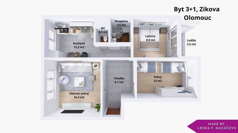 Prodej, byt 3+1, 62 m2, lodžie, Olomouc